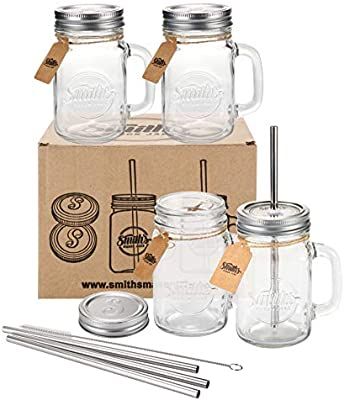 Mason Jar Drinking Glasses, Milkshake Glasses, Mason Jars With Handles, Mason Jar Glasses, Mason Jar Mugs, Old Fashioned Drink, Mason Jar Cups, Drinking Jars, Jars With Lids