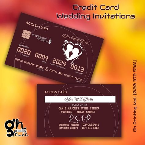 Passport Type Wedding Invitations | 020 372 5381 "Your Wedding Invitation, with a Swipe of Style!" 💳 Introducing Credit Card Style Wedding Invitations 💳 Give your wedding a modern twist with invitations inspired by the sleek design of a credit card! These unique, durable, and oh-so-stylish invitations will leave your guests amazed. Perfect for couples looking to make a bold statement, these invites are the ultimate keepsake. 💕 Why settle for ordinary when you can make your wedding invite... Access Card Design For Wedding, Credit Card Wedding Invitation, Weeding Inventions Card Online, Bollywood Invitation Card, Credit Card Invitation, Upnayan Invitation Card, Card Invitation Design, Card Invitation, Event Center