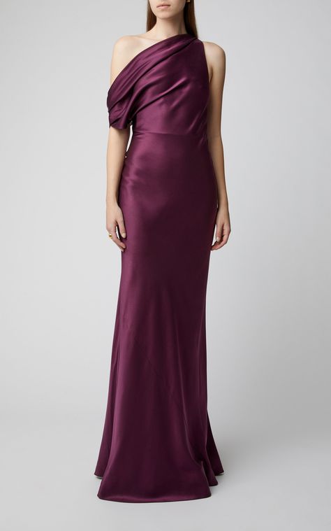 Cushnie Draped One-Shoulder Silk-Satin Gown Deep Purple Dress Classy, Draped Evening Gown, One Shoulder Silk Dress, Silk Dress Pattern, Entourage Gowns, One Shoulder Drape Dress, Draped Silk Dress, Evening Dress Patterns, Silk Evening Gown