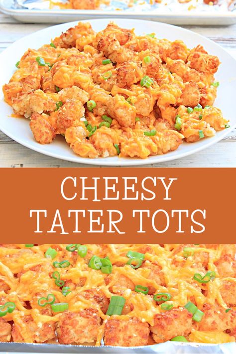 Cheesy Tater Tots ~ Crispy tater tots smothered in shredded cheddar cheese and topped with scallions. The perfect late-night snack indulgence! Cheesy Tater Tots, Loaded Tater Tots, Tater Tot Recipes, Bowl Party Food, Football Party Food, Side Dish Recipes Easy, Easy Side Dish, Superbowl Snacks, Tailgate Food