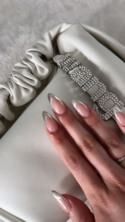 Metallic Silver Tip Nails, French Nails With Silver, Silver Almond Nails, Silver Tip Nails, Silver French Manicure, Almond Acrylic Nails, Silver Nails, Fire Nails, Dream Nails