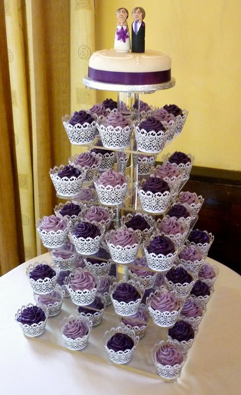 Purple Wedding Cupcakes, White Wedding Cupcakes, Cake With Cupcakes, Cupcake Tower Wedding, Purple Cupcakes, Wedding Colors Purple, Cupcake Tower, Wedding Cakes With Cupcakes, Wedding Cupcakes