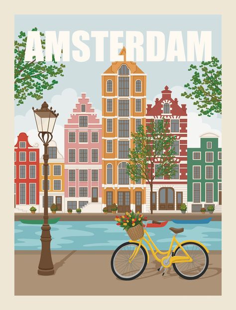 Vintage Travel Posters. Wall art. on Behance Sticker Design Ideas, Amsterdam Vintage, Amsterdam Art, City Postcard, Travel Poster Design, Posca Art, Posters Wall Art, Poster City, Netherlands Travel