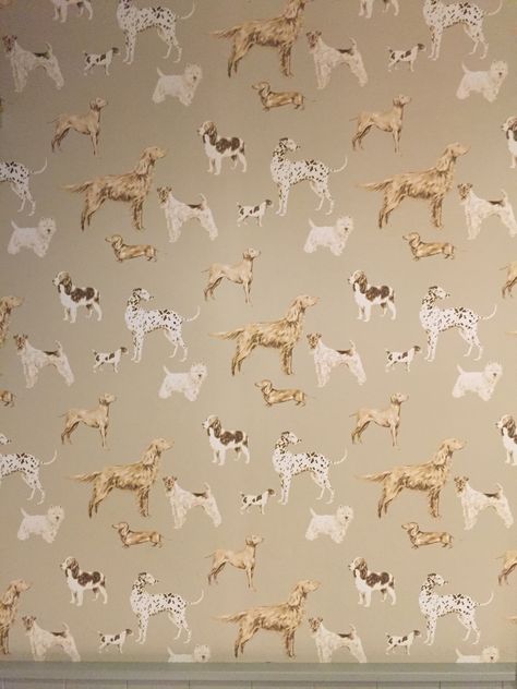 Hunterhill Dog Dark Linen Patterned Wallpaper by Laura Ashley Vintage Dog Wallpaper, Dog Bedroom, Patterned Wallpaper, Restroom Decor, Farmhouse Inspiration, Cottage Interior, Beige Pattern, Wallpaper Patterns, Dog Wallpaper