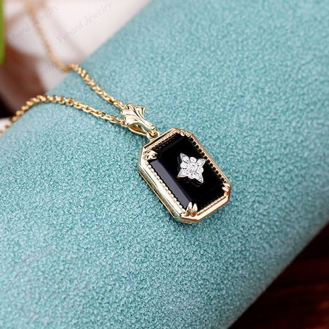 "❤Jewelry Details -Gold Type : 14k two tone gold Center Stone: Natural Black Onyx 8*11mm, Approximately 2.8ct Cut: Emerald Cut / 3EX Stone Type: Diamond,0.03ctw Color: G-H Clarity: SI1 Cut: Round Cut / 3EX -Pendant Width: 10mm -Pendant Height: 18.2mm -Chain Length: 40+2+3cm -Or Without Chain SKU: YP0028 ❤The link for the same style ring is https://www.etsy.com/listing/933531377/emerald-cut-natural-black-onyx-ring?ref=shop_home_active_1&frs=1 ❤The link for the same style earrings is https://w Art Deco Necklace Pendant, Black Stone Jewelry, Onyx Rings, Love Jewelry, Black And Gold Necklace, Pendant Designs, Onyx And Diamond Necklace, Vintage Pendant, Onyx Pendant Necklace For Gift