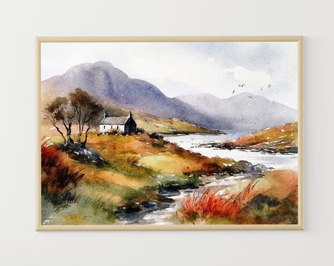 Isle of Skye Painting Scottish Landscape Cottage Watercolor Scotland Art Print Scottish Highlands Wall Art Isle of Skye poster, high quality giclee print. WITHOUT FRAME - Giclee print on acid-free archival paper - Printed from my original painting - 5x7 inches - 8x10 inches - 11x14 inches - 12x16 inches - 12x18 inches - 16x20 inches - 18x24 inches - 20x30 inches - 24x36 inches Please note that the colors may vary slightly due to different screens! To sell my paintings as reproduction, I chose a Cottage Watercolor, Landscape Cottage, Scottish Landscapes, 3d Art Painting, Scottish Landscape Painting, Scotland Art, Scotland Landscape, Watercolor Pictures, Diy Watercolor Painting