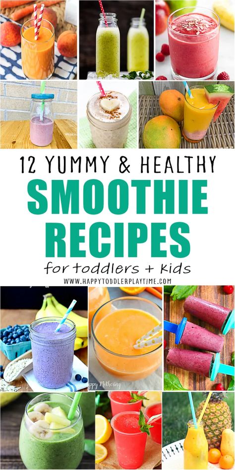 12 Smoothie Recipes for Toddlers + Kids - HAPPY TODDLER PLAYTIME Smoothie Recipes For Toddlers, Toddler Smoothie Recipes, Healthy Smoothies Recipes, Veggie Smoothie Recipes, Pancakes Oatmeal, Baby Smoothies, Recipes For Toddlers, Apple Smoothie Recipes, Tropical Smoothie Recipes