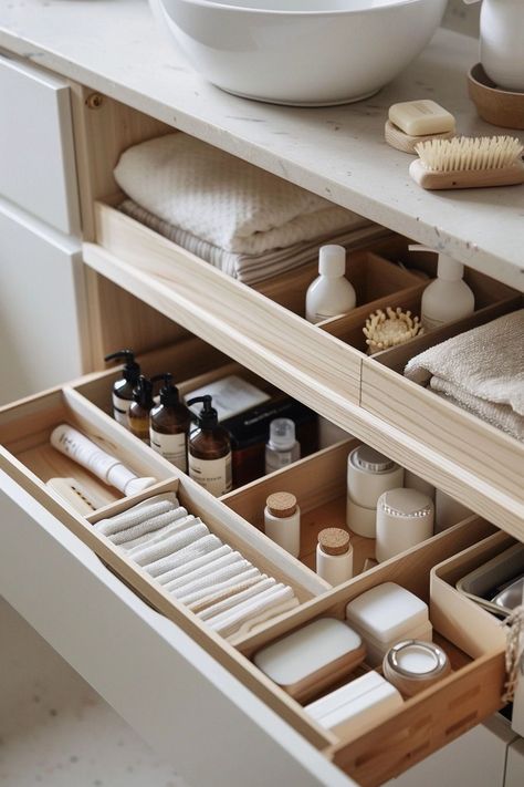 How To Organize A Deep Bathroom Drawer: Efficient Storage Tricks Bathroom Cleaning Organization, Organizing Ideas Drawers, Bathroom Organisation Aesthetic, How To Organize Your Bathroom, Bathroom Drawer Ideas, Bathroom Design Storage, Bath Organization Ideas, Bathroom Organization Aesthetic, Bathroom Hidden Storage