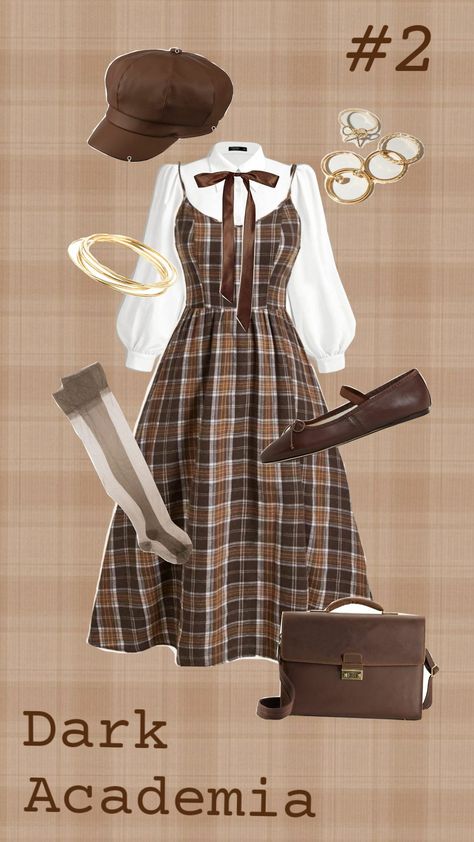 Dark Academia Outfit 2 #darkacademia #outfitinspo #dark #cold #kivii #dress #bow #plaid #cute Dark Acedamia Core Outfit, Dress To Impress Academia, Dark Academia Dress To Impress, Dark Academia Dress, Dark Academia Dresses, Retro Academia, Dark Academia Outfit, Dark Academia Clothing, Clothing Reference