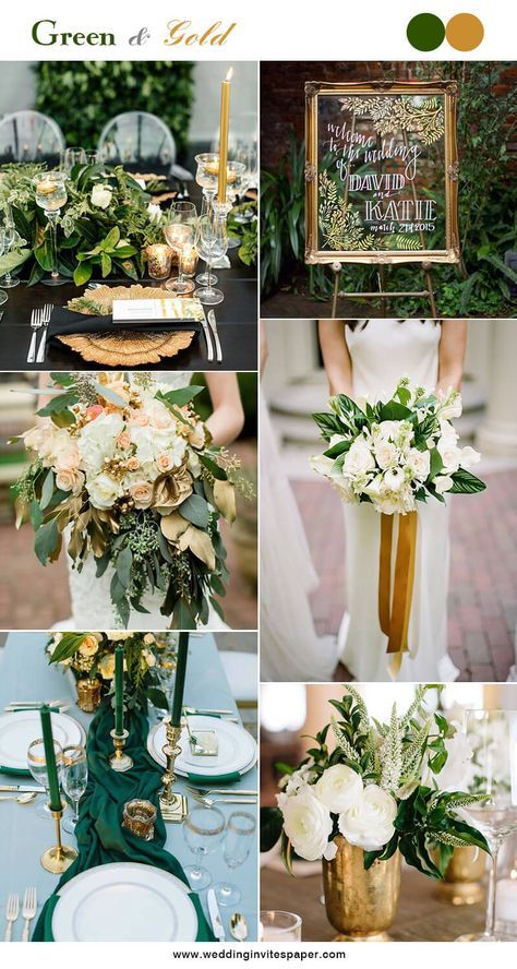 5 Hottest Green Color Combos To Brighten Your Big Day - Wedding Invites Paper gold wedding decorations/ rustic chic green wedding bouquets/ modern stylish wedding signs/ gold wedding centerpieces/ rustic chic fall wedding inspirations Gold Wedding Centerpieces, Green Wedding Bouquet, Wedding Color Scheme, Pub Wedding, Gold Wedding Colors, Wedding Color Combos, Spring Yellow, Emerald Green Weddings, Green Wedding Colors