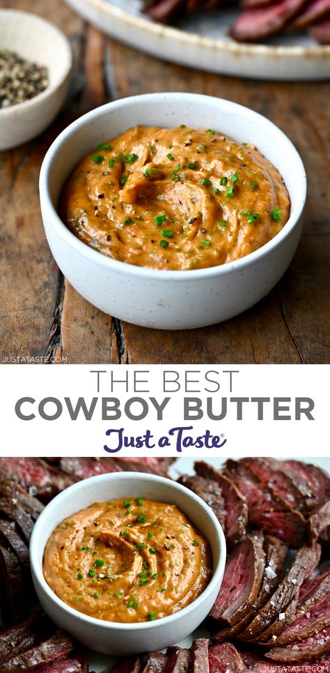 The top image shows a small bowl containing cowboy butter garnished with chopped chives. The bottom image shows a small bowl containing cowboy butter surrounded by slices of medium-rare steak. Cowboy Butter Allrecipes, Cowboy Compound Butter, Cowboy Butter Burger, Easy Cowboy Butter Dipping Sauce, Steak With Cowboy Butter, How To Make Cowboy Butter, Cowboy Steak Sauce, Cowboy Steak Recipe, Cowboy Steak Butter