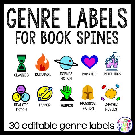 Jazz Up Your Booktalks: 31 Practical Tips (Part 1) - Mrs. ReaderPants Book Genre Labels, Classroom Library Labels, Genre Posters, Library Labels, Spine Labels, Elementary School Library, Library Boards, Genre Labels, Drama School