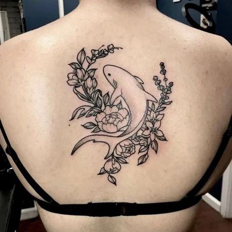 Shark Tattoos With Flowers, Great White Tattoo Shark, Cute Shark Tattoos For Women, Floral Stingray Tattoo, Flower Shark Tattoo, Shark Tattoo Color, Lifeguard Tattoo, Girlboss Tattoo, Marine Animal Tattoo