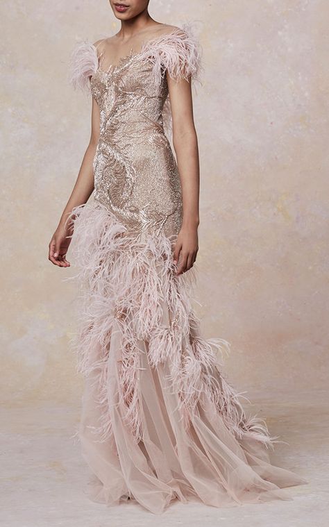 Off The Shoulder Feather Gown by MARCHESA Now Available on Moda Operandi Marchesa Fashion, Feather Gown, Tout Rose, Reception Gown, Haute Couture Dresses, Prom Dresses Vintage, Feather Dress, Moda Vintage, Gorgeous Gowns