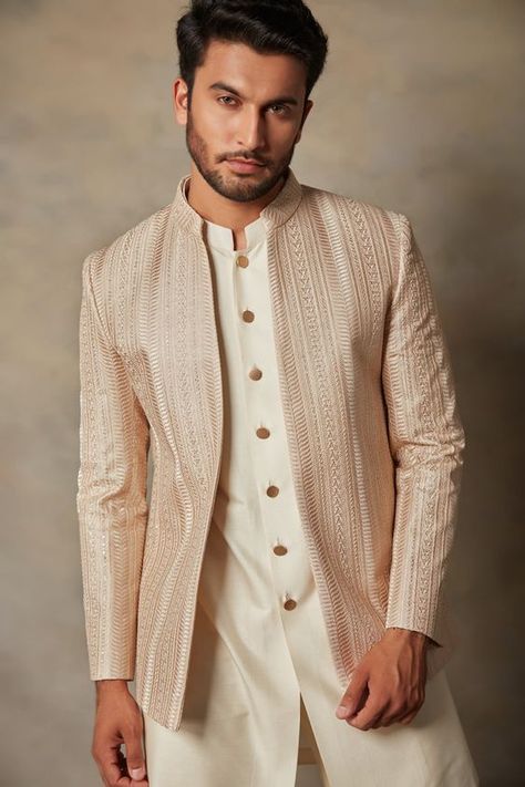 Embroidered Bandhgala, Indo Western Outfits For Men, Peach Jacket, Mens Traditional Wear, Kurta Set Men, Sherwani For Men Wedding, Wedding Kurta, Wedding Kurta For Men, Off White Jacket