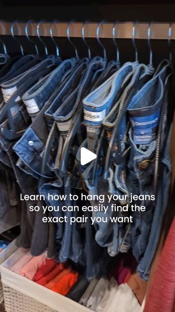 Bee Organized Omaha on Instagram: "TAP HERE FOR YOUR STEP BY STEP GUIDE ⬇️  Try this method of hanging your jeans👖if you have a wide variety, or want to be able to easily see the size and brand.  1️⃣ Start by folding your jeans in half with the front facing out  2️⃣ Put the hook of your hanger through the back loop and lay it at a slight angle  3️⃣ Fold the bottom of the jeans up over the hanger (a little bit more than in half)  4️⃣ Loop the legs under the hanger and over the bottom rung  5️⃣ Be sure to have all of your jeans folded the same direction for that detailed touch  And voilà! ✨  Follow for more organizing tips, tricks, and inspiration! • • • • • #beeorganizedomaha #beeorganized #closetorganization #closetgoals #closetinspo #closetinspiration #closet #organizedcloset #organizati Hanging Jeans On Hooks, How To Hang Blue Jeans In Closet, Hang Jeans On Hanger, How To Fold Jeans On Hanger, Folding Jeans On Hanger, How To Hang Jeans To Save Space, Jean Organization Ideas, How To Hang Jeans On Hangers, Hang Pants In Closet Ideas