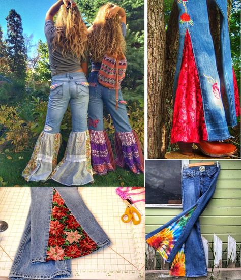 Pattern For Hippie Pants, Diy Denim Bell Bottoms, Diy Bell Bottom Pants, Diy Boho Pants, How To Make Bell Bottom Jeans Diy, Diy Bell Bottom Jeans, Diy Hippie Clothes, Diy Flare Jeans, Diy Bell Bottoms