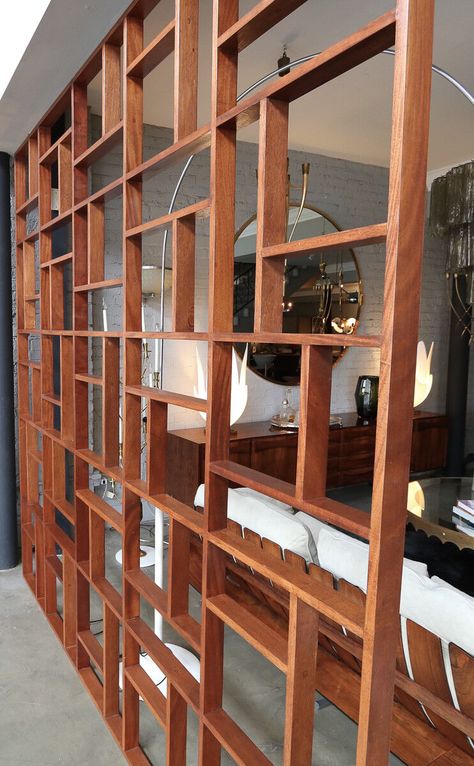 Custom Midcentury Geometric Room Divider | eBay Modern Room Divider Ideas, Open Apartment, Mid Century Modern Room Dividers, Mid Century Room Divider, Wall Dividers, Mini Homes, Room Divider Ideas, Room Divider Shelves, Kitchen Entry