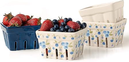 Amazon.com: Farmhouse Ceramic Berry Basket, Colander, Farmers Market square Bowl. Rustic Kitchen decor fruit bowls, Fruit Baskets, Bleu White and Blueberry pattern Stoneware Harvest Bowls Set of 4 … : Home & Kitchen Ceramic Berry Basket, Harvest Bowls, Blueberry Pattern, Ceramic Berry Bowl, Tiered Fruit Basket, Wire Fruit Basket, Berry Basket, Ceramic Fruit Bowl, Fruit Holder