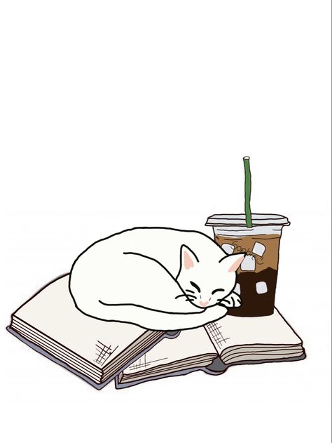 Cozy Cat Drawing, Cat And Books Drawing, Cat With Coffee Drawing, Coffee And Book Drawing, Sleep Cat Drawing, Coffee Cat Tattoo, Sleepy Cat Doodle, Cat And Coffee Tattoo, Cat Curled Up Drawing