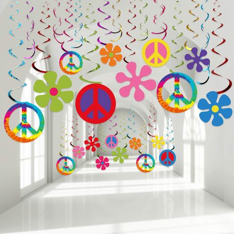 Hippie Theme Party, Ceiling Streamers, Flower Peace Sign, Flower Power Party, 60s Theme, Tie Dye Birthday, Groovy Party, 60s Party, Two Groovy