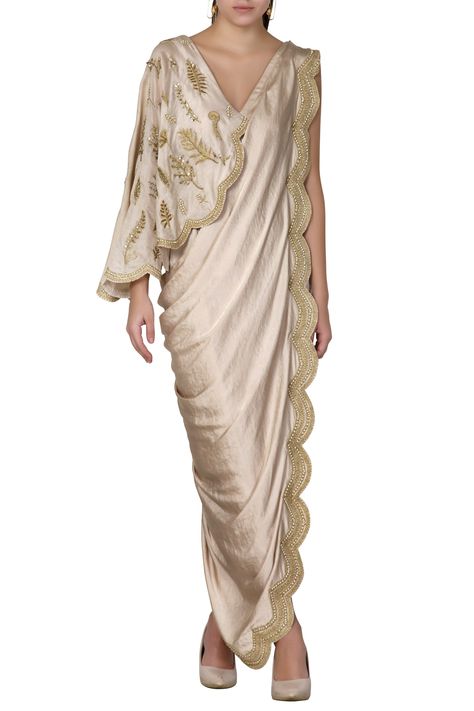 Drape Saree Indo Western, Draped Saree Gown, Gowns Gold, Panelled Dress, Saree Gowns, Drape Sarees, Draping Fashion, Gown For Women, Saree Gown