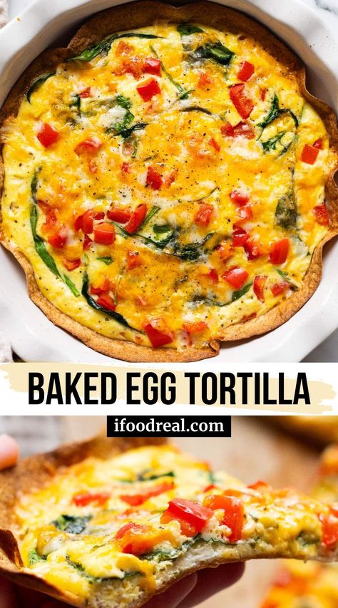 Baked Egg Tortilla bursting with versatility and flavor, packed with veggies and protein, and easy to make for breakfast or dinner! High Protein Egg Tortilla Bake, Breakfast Quiche With Tortilla, High Protein Tortilla Baked Quiche, Tortilla And Eggs Breakfast Mexican, Eggs On A Tortilla, Baked Egg Tortilla Breakfast, Breakfast Tortilla Baked Eggs, Eggs In Tortilla, Weight Watchers Egg Casserole