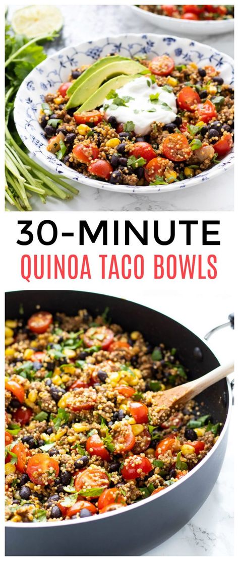 Tex Mex Quinoa Bowl | Haute & Healthy Living Ground Turkey Quinoa Bowl, Taco Bowls Healthy, Tex Mex Quinoa, Quinoa Tacos, Quinoa Recipes Easy, Quinoa Recipes Healthy, Taco Bowl, One Pot Dinners, Quinoa Healthy