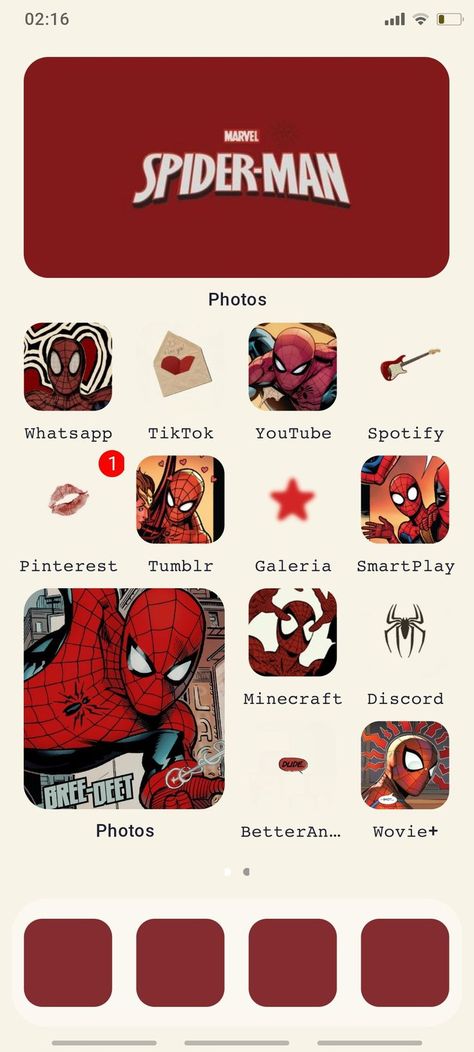 Marvel Iphone Layout, Widget Placement Ideas, App Icons Spiderman, Spiderman Home, Phone Decorations, Spiderman Gifts, Spiderman Theme, Spiderman Art Sketch, Iphone Home Screen Layout