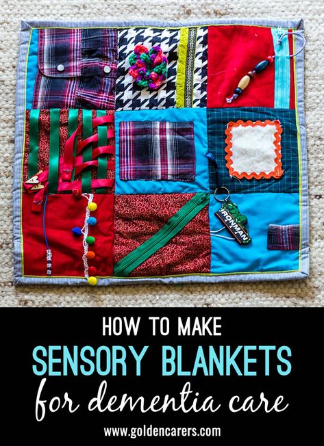 Figit Quilts Ideas, Fidget Blankets How To Make A, Fidget Quilt Alzheimers Patterns, Fidget Blankets Alzheimers, Fidget Sleeves, Busy Blankets, Fidget Mats, Memory Care Activities, Nursing Home Gifts