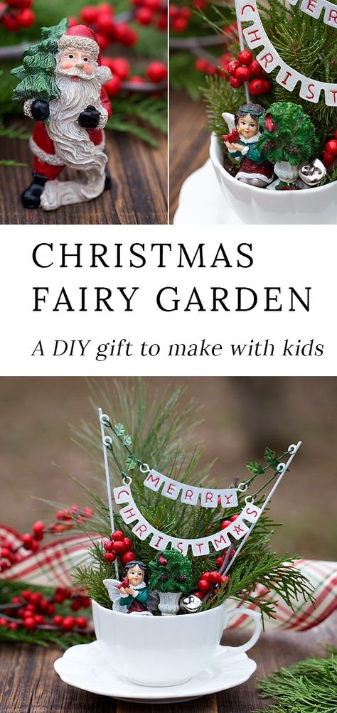 Garden Ideas Homemade, Winter Fairy Garden, Fun Homemade Gifts, Christmas Fairy Garden, Homemade Gift Idea, Diy Christmas Gifts For Kids, Christmas Garden Decorations, Teacup Gardens, Teacup Crafts