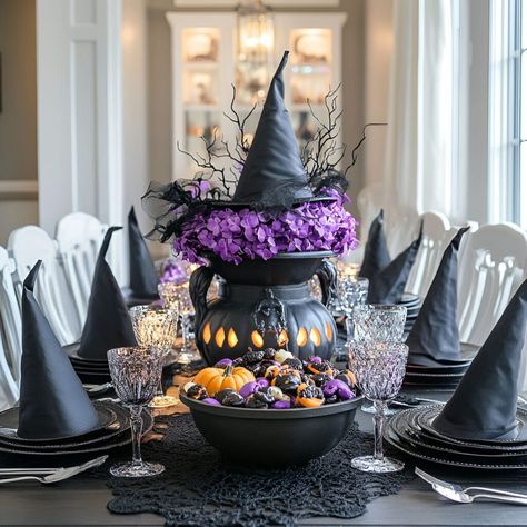 Witch hat dining room decor turns Halloween into an elegant event. Witch hats feature in every setting, adding charm. A candy-filled cauldron forms the table's centerpiece. Softly lit pumpkin lanterns with lace table runners set the tone. Crescent moons and cobweb garlands infuse the scene with magic. Witch Hat Centerpiece, Halloween Dining Room, Pumpkin Lanterns, Witch Hat Halloween, Witch Hats, Halloween Witch Hat, Dining Room Ideas, Lace Table Runners, Halloween Dinner