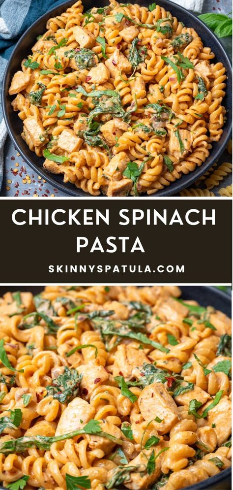 Chicken Spinach Pasta – Skinny Spatula Healthy Chicken And Spinach Pasta, Chicken And Bacon Pasta With Spinach, Spinach With Chicken Recipes, Dinner With Chicken And Spinach, Ground Chicken Spinach Pasta, Fresh Spinach Pasta Recipes, Chicken Spinach Noodles Recipes, Spinach In Pasta, Ground Chicken Spinach Recipes