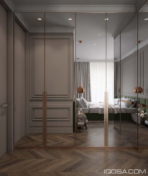 Closet Design Plans, Modern Closet Doors, Mirrored Walls, Armoire Entree, Bedroom Closet Doors, French Villa, Modern Classic Interior, Mirror Closet Doors, Walk In Closet Design