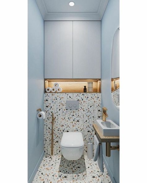 Tiles For Small Toilet, Small Toilet Room Decor, Bathroom Ideas Blue And White, Small Cloakroom Toilet, Small Toilet Ideas, Small Toilet Room Ideas, Cloakroom Toilet Ideas, Toilet Makeover, Small Toilet Decor