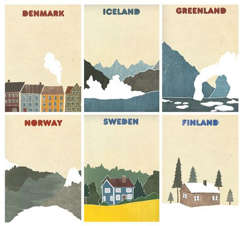 Vintage Travel Posters, Croquis, Vintage Travel, North Europe, Scandinavian Countries, Scandinavia Travel, Nordic Countries, Design Web, Art Paint