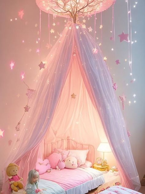 Princess Canopy Bed Fairy Lights, Princess Bed With Canopy, Canopy Bed Girls Bedroom, Aurora Room Decor, Fairy Bed Canopy, Fairy Princess Room Ideas, Bed Canopy For Girls Room, Twinkle Lights Girls Bedroom, Fairy Lights Toddler Bedroom