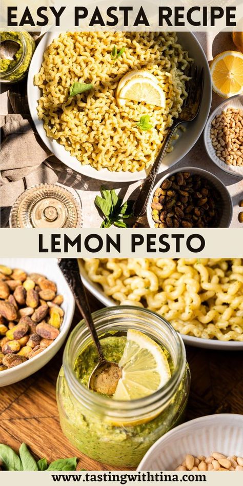 This Lemon Pesto recipe is bursting with the zesty flavor of fresh lemons combined with the nutty crunch of both pine nuts and pistachios all blended together with vibrant basil and parmesan cheese. Pesto Combinations, Lemon Pesto, Basil Pesto Recipes, Food Substitutions, Dinner Inspiration, Yummy Pasta Recipes, Pesto Recipe, Incredible Recipes, Yummy Lunches