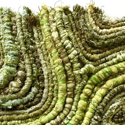 Julia Wright on Instagram: "Hand-dyed recycled fabrics, really enjoyed making this. The greens make me think of fresh new leaves, mowed lawns and sunny spring days #handdyed #yarn #fibres #threads #fibreart #stitch #wrappingandbinding #crochet #embroidery #textiles #mixedmediatextiles #weaving #handmade #dyedfabrics #mixedmedia #couching #naturalfibres #texture #markmaking #textileartist #textilesoninstagram #juliawright #contemporarytextiles #juliawrighttextiles #lichen #landscape #coastal # Decorative Techniques Textiles, Couching Textiles, Textiles Inspired By Nature, Sustainable Fabrics Textiles, Nature Textile Art, Fungi Textiles, Moss Textiles, Texture Inspiration Textiles, Fungi Embroidery