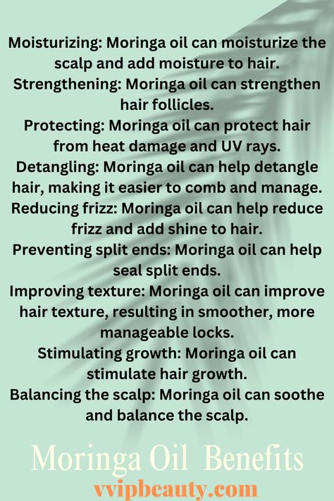 Moisturizing Strengthening: Moringa oil can strengthen hair follicles. Protecting: Moringa oil can protect hair from heat damage and UV rays. Detangling: Moringa oil can help detangle hair, making it easier to comb and manage. Reducing frizz: Moringa oil can help reduce frizz and add shine to hair. Preventing split ends: Moringa oil can help seal split ends. Improving texture Stimulating growth: Moringa oil can stimulate hair growth. Balancing the scalp #moringaoil#hairoil#haircare Moringa Oil Benefits, Healthy Hair Routine, Detangle Hair, Strengthen Hair Follicles, Strengthen Hair, Moringa Oil, Hair Follicles, Stimulate Hair Growth, Heat Damage