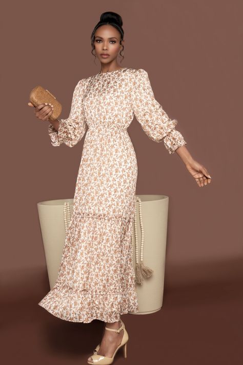 This maxi dress is crafted with luxe lurex threads, long flounce sleeves and a subtle beige and tan floral pattern. Its statement-making ruffles offer a graceful and romantic silhouette, perfect for special occasions. Features a round neckline and a hidden zipper in the back for closure. Simple Modest Outfits, Modest Dress Outfits, Making Ruffles, Harvey Outfits, Romantic Silhouette, Conservative Outfits, Neutral Dress, Modest Maxi Dress, Lurex Dress