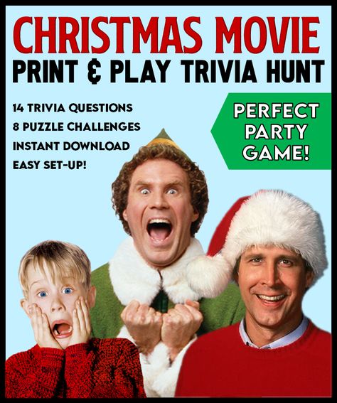 Printable Christmas Movie Trivia Game Treasure Hunt! Christmas Vacation Theme Games, Christmas Vacation Party Games, Christmas Movie Trivia Printable, Christmas Movie Themed Party Ideas, Christmas Movie Themes, Christmas Vacation Games, Christmas Movie Games, Christmas Movie Theme Party, Christmas Movie Game