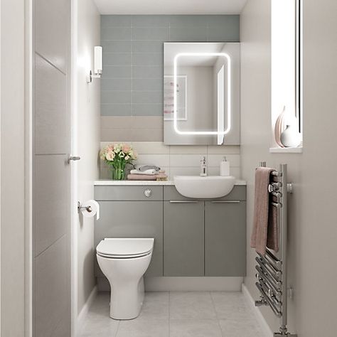 Wickes Vienna Grey Gloss Floor Standing or Wall Open Storage Unit - 300 mm | Wickes.co.uk Toilet And Sink Unit, Fitted Bathroom Furniture, Ensuite Shower Room, Small Bathroom Layout, Small Toilet Room, Fitted Bathroom, Toilet Room, Small Bathroom Makeover, Small Toilet