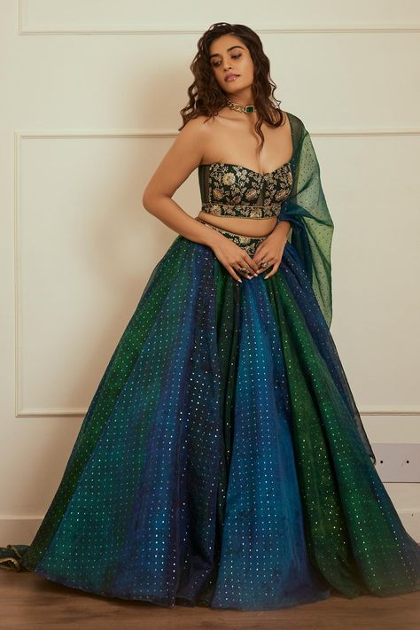 Green And Blue Lehenga, Organza Dress Indian, Panel Lehenga, Floral Organza Dress, Royal Blue Lehenga, Reception Couple, Print Lehenga, Gold Lehenga, Neck Corset