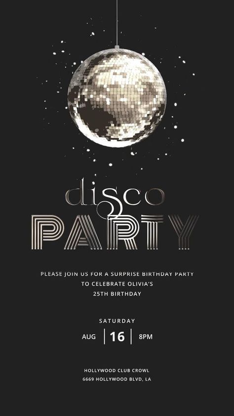 Disco Party Invitations Printable Free, Gif Invitation Design, 70s Disco Party Invitations, Birthday Party Card Invitation Aesthetic, 15 Birthday Invitations Ideas, Disco Theme Party Invitations, Invitation Disco Party Birthday, 40th Disco Party, Disco Invitations Ideas