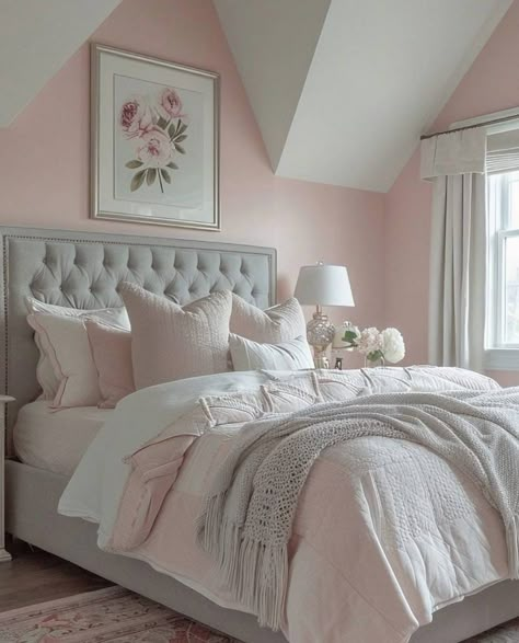 Pink White And Grey Bed, Grey Bedroom With Pink Accents, Pink And Grey Room Ideas Master Bedrooms, Pink And Gray Bedding, Feminine Coastal Bedroom, Light Pink And Gray Bedroom, Pale Pink Girls Bedroom, Grey Pink And White Bedroom Ideas, Grey White And Pink Bedroom