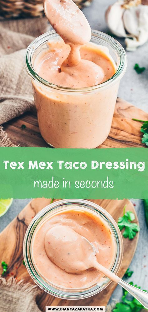 Tex-Mex Taco Sauce (Sriracha Mayo) A quick and easy recipe for a spicy Mexican-style Tex-Mex taco sauce - This creamy salad dressing with vegan mayo, ketchup, sriracha and lime juice is perfect as a sauce, dressing or dip for fresh salads, tacos, burritos, wraps, Buddha bowls and more! Taco Bowl Sauce Recipe, Taco Salad Sauce Recipe, Burrito Bowl Dressing Recipe, Mexican Mayo Sauce, Tex Mex Sauce Recipes, Mexican Bowl Sauce, Healthy Mexican Salad Dressing, Sauce For Taco Bowls, Taco Salad Sauce