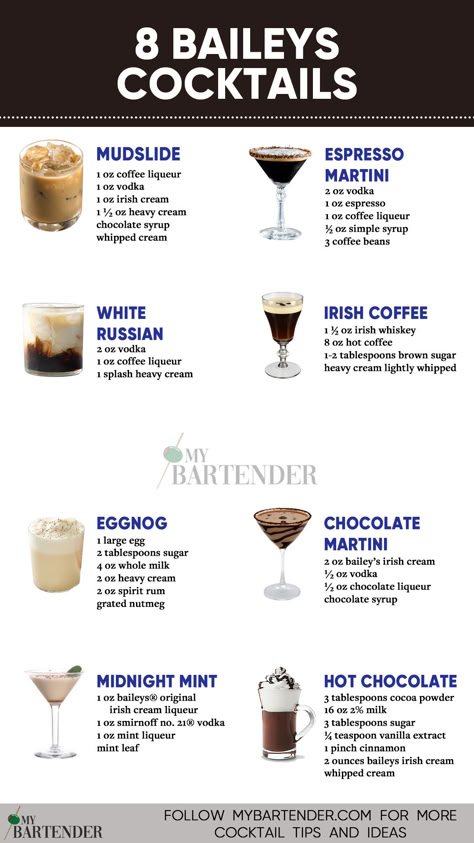 Bailey's Cocktails Bailey Cocktails Recipes, Baileys Cocktail Recipes, Bailey Cocktails, Baileys Cocktails Recipes, Baileys Shots, Cocktails With Baileys, Whiskey Recipes Drink, Baileys Irish Cream Cocktails, Baileys Drinks Cocktails