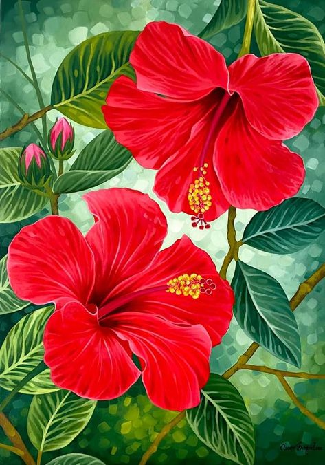 Jungle Flowers Painting, Tropical Flower Painting, Hibiscus Painting, Tropical Artwork, Painting Flowers Tutorial, Tropical Painting, Caribbean Art, Hawaiian Art, Flower Painting Canvas