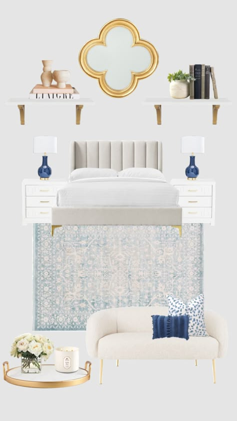 Blue Dorm Room, Blue And Gold Bedroom, Dorm Room Decor Ideas, Blue Dorm, Blue Room Decor, Beach Room Decor, White Room Decor, Coastal Room, Preppy Room Decor